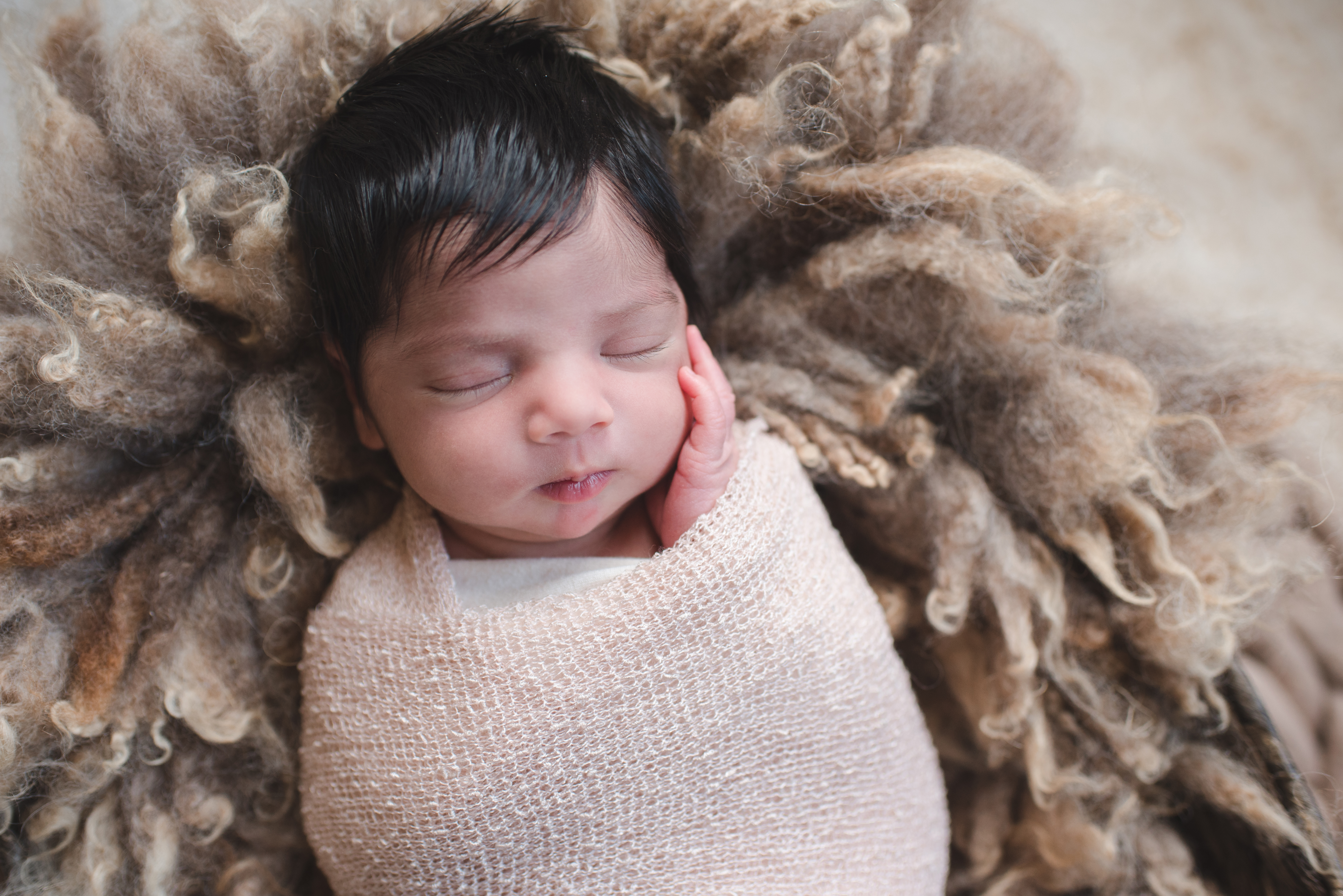 beautiful baby girl with a head full of dark hair, swaddled in a neutral swaddle